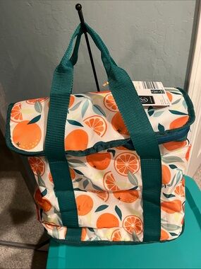 Canvas Orange Print Tote Bag with Teal Straps -  Set of 2-cooler bags